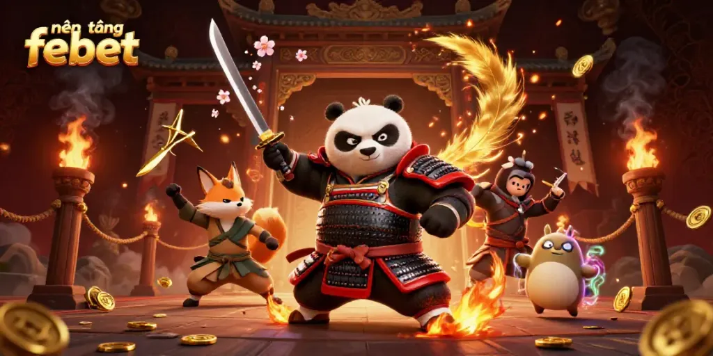 A fierce samurai panda and ninja fox showcase their skills in the dynamic world of nền tảng febet, surrounded by rich casino elements.