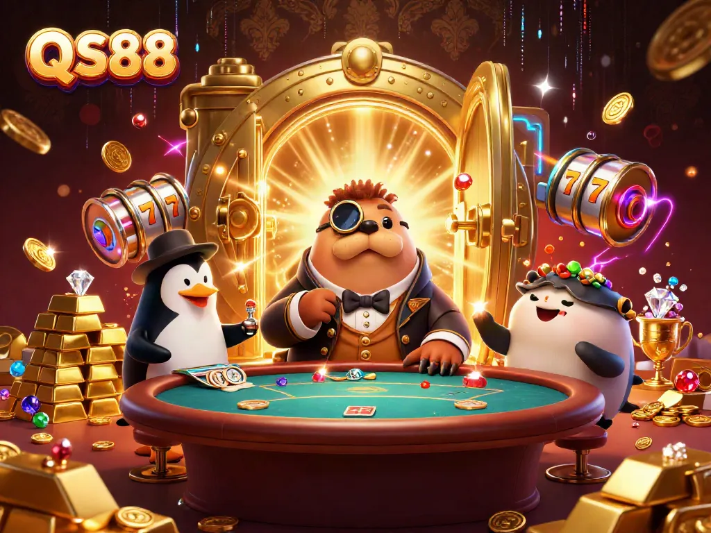 QS88 Casino scene with a walrus, a penguin dealer, and a pufferfish player betting with gold and jewels.