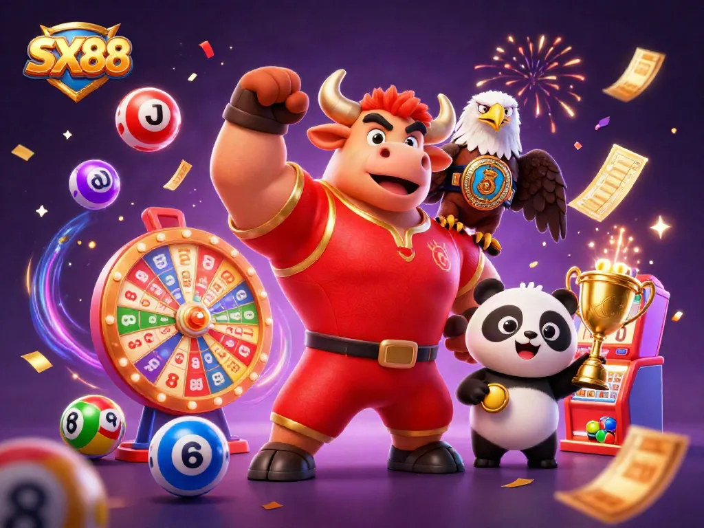 SX88 brings excitement with lottery elements, cartoon characters celebrating a big win in a vibrant casino scene.