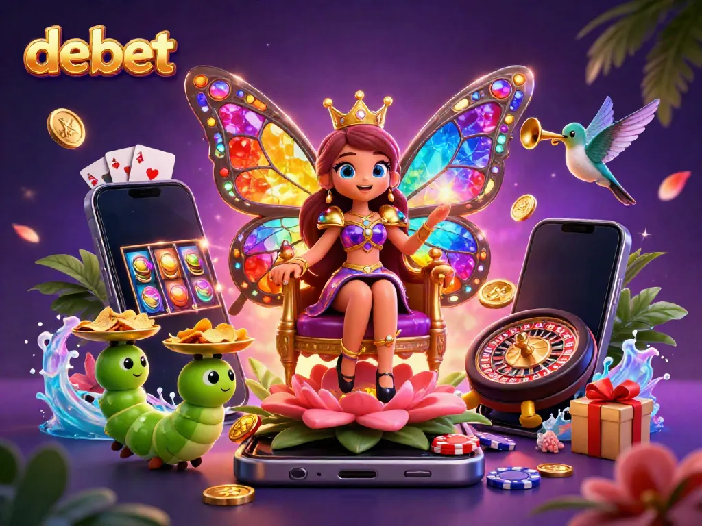 Experience debet's colorful casino world with a butterfly queen and dynamic game elements.