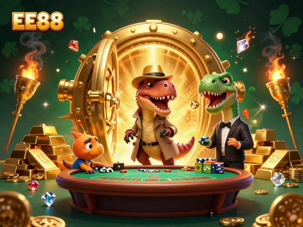 EE88 themed 3D illustration of a velociraptor at a blackjack table, showcasing fun casino elements.