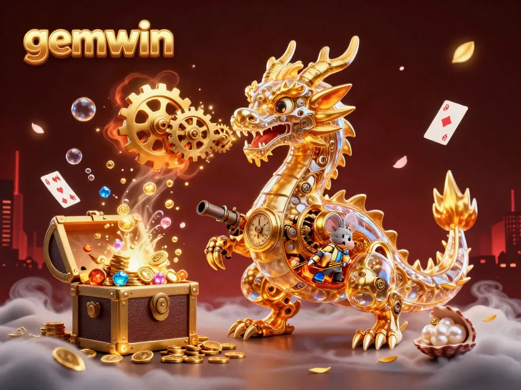 Experience thrilling gameplay at Gemwin with a golden dragon breathing gears and cogs amidst vibrant casino elements.