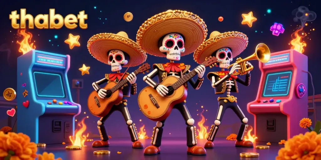 Experience the vibrant world of thabet casino with a lively mariachi band surrounded by arcade game elements.
