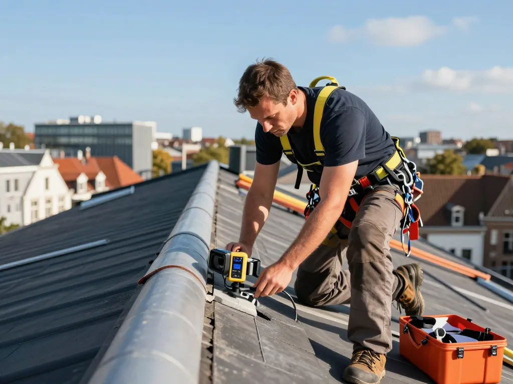 Dakdekker van De Kraaij inspecteert een plat dak in Den Haag met geavanceerde lekdetectietools.