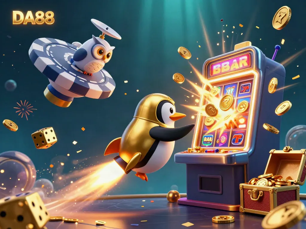 Win big with the DA88 jackpot explosion amidst colorful casino elements in this vibrant illustration.