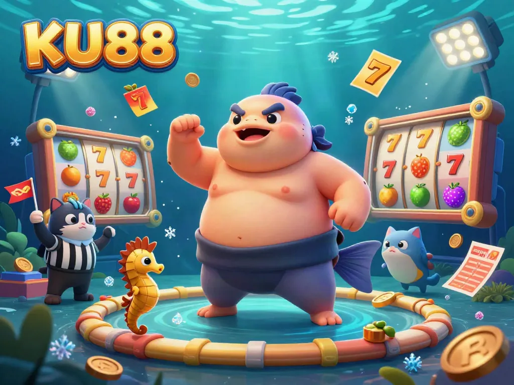 KU88 showcases a vibrant underwater casino scene featuring a cartoon fugu in a sumo outfit and slot elements.