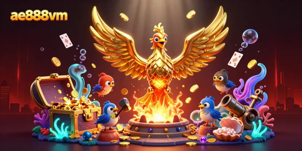 Experience ae888vm's golden phoenix rising with dazzling casino treasures in a stunning 3D scene.