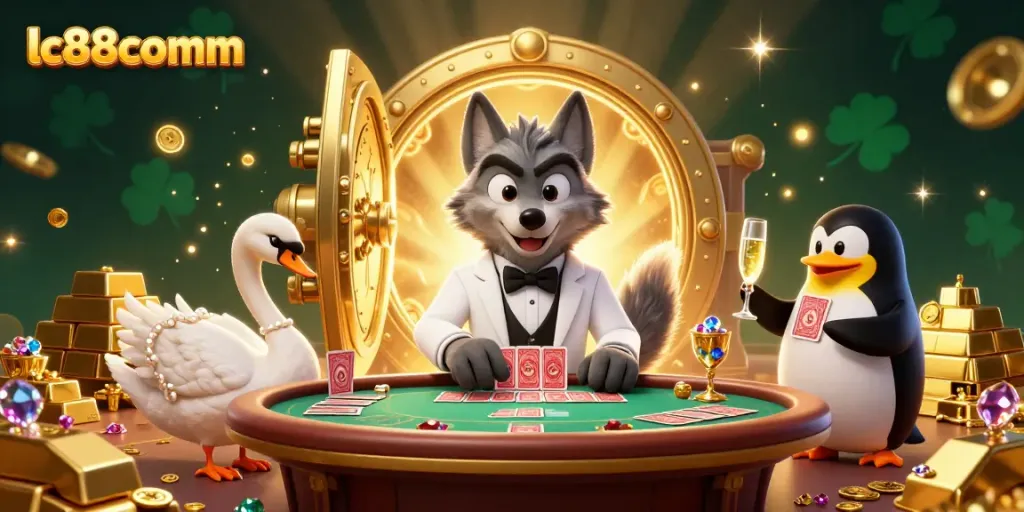 Experience thrilling baccarat action with lc88comm featuring a debonair wolf and stylish characters in a lavish casino setting.