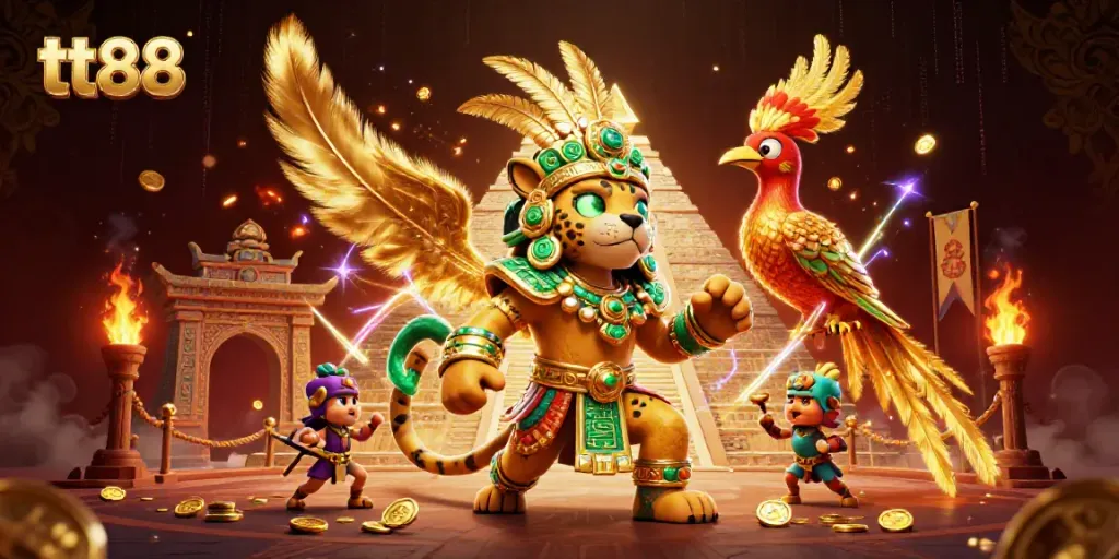 Experience excitement at tt88's vibrant casino with a 3D Mayan character and golden game elements.
