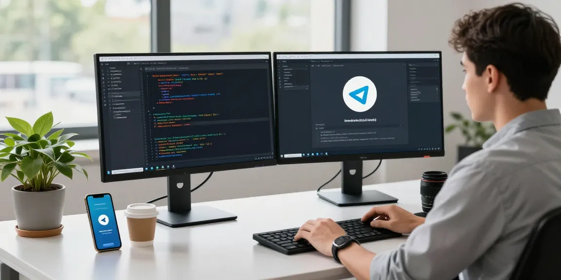 Download Telegram in a focused tech workspace with coding screens and modern office setup.