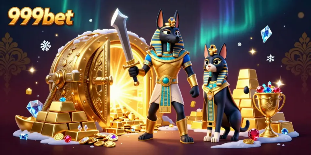 Experience thrilling gaming at 999bet with Anubis and Bastet in a vibrant casino treasure scene.