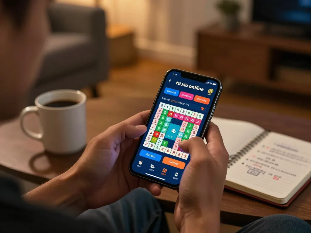 Engaged player using a top app tài xỉu online uy tín on smartphone, showcasing vibrant gameplay and strategies in a cozy setting
