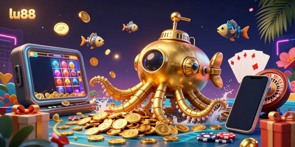 Experience the thrill of lu88 with a golden kraken submarine amidst golden coins and vibrant slot games.