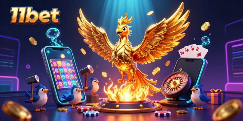 Engage with 11bet's vibrant casino experience featuring a golden phoenix, slot games, and rich visuals.