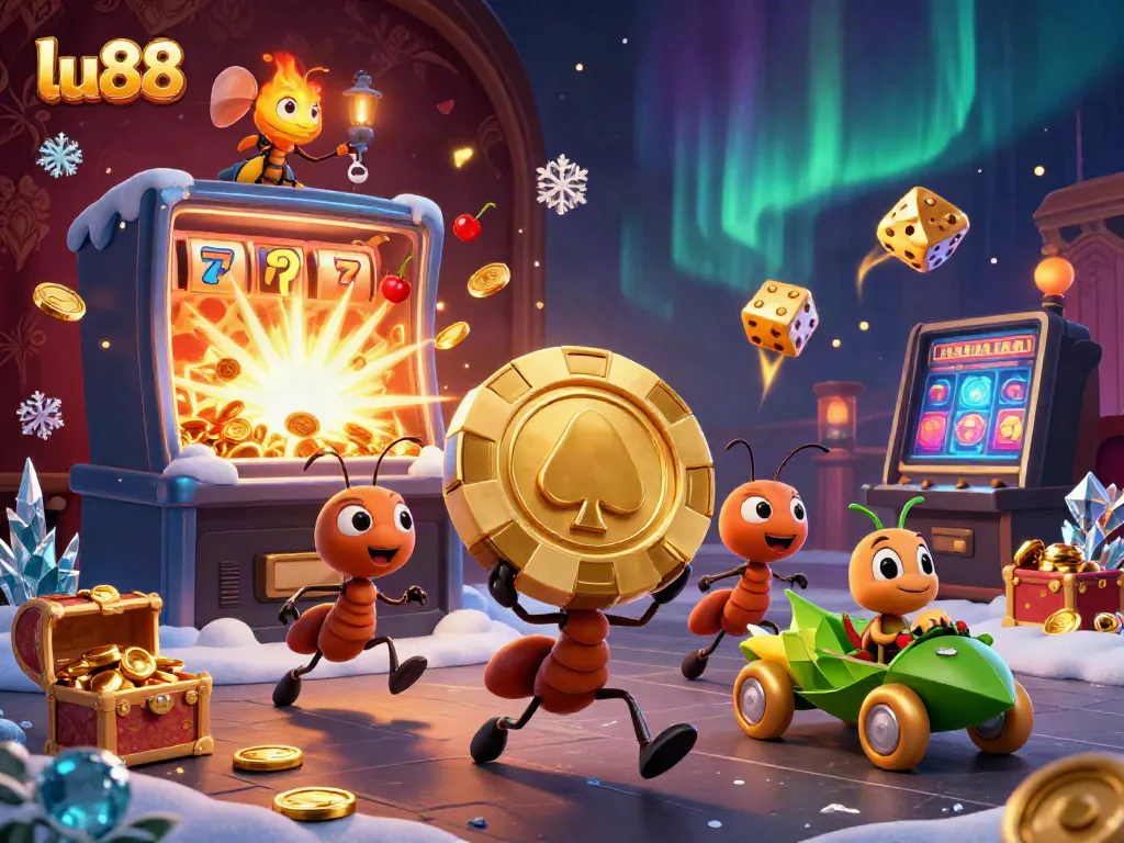 Experience the excitement of lu88 as playful ants carry a giant poker chip amidst jackpot bursts in a vibrant casino world.