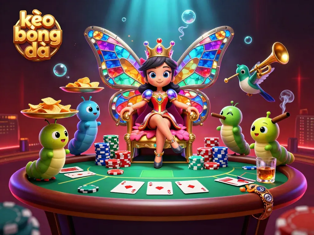 Engage in kèo bóng đá with a vibrant 3D scene featuring a butterfly queen and poker elements.
