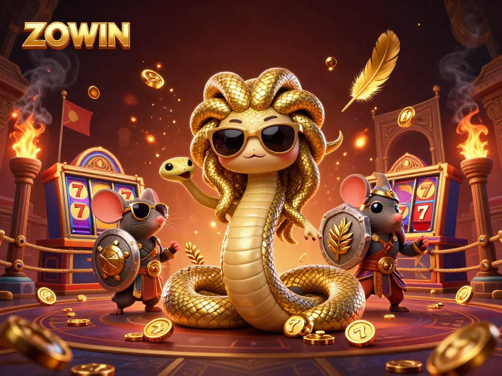 ZOWIN-themed illustration showcasing a friendly Medusa and warrior mouse amidst a vibrant casino environment