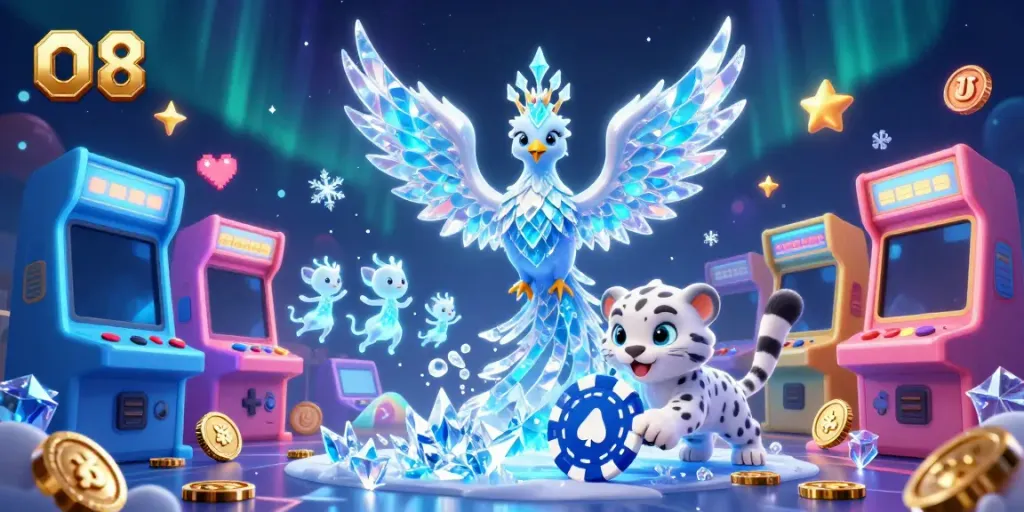 Experience exciting gaming at O8 with a vibrant, whimsical scene featuring ice characters interacting in a lively casino