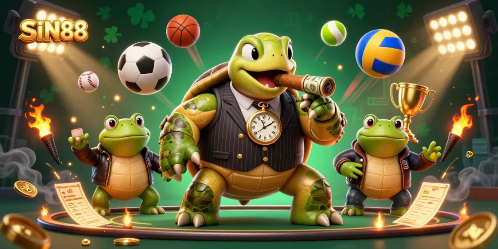 SIN88 showcases a vibrant scene with a mobster turtle and bullfrogs lighting up the casino world.