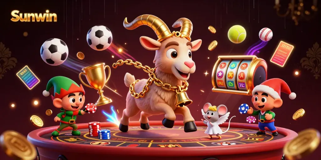 Win at Sunwin with 3D cartoon characters in an exciting casino scene, showcasing games and festive fun.