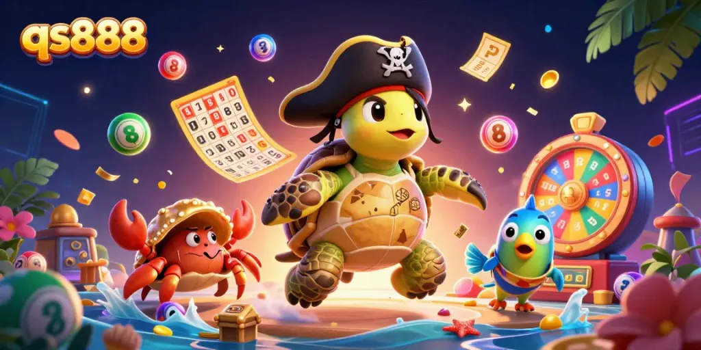 Experience the excitement of qs888 with vibrant, dynamic gambling elements and characters in a colorful casino setting.