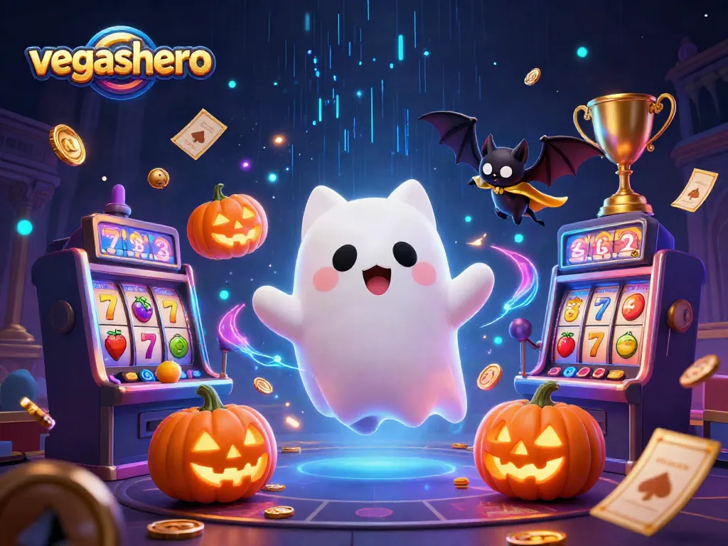 Experience the thrill of vegashero with a ghost cat and vampire bat in a haunted casino setting.