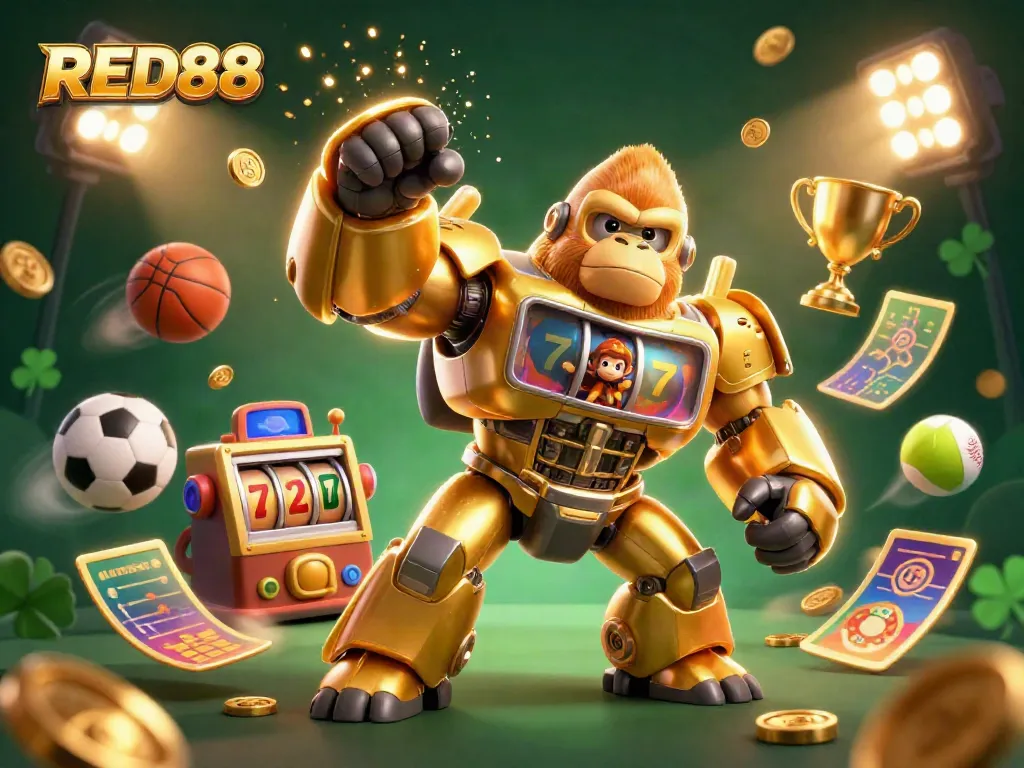 Experience the excitement of RED88 with an energetic 3D scene featuring a golden gorilla mech and dynamic gambling elements.