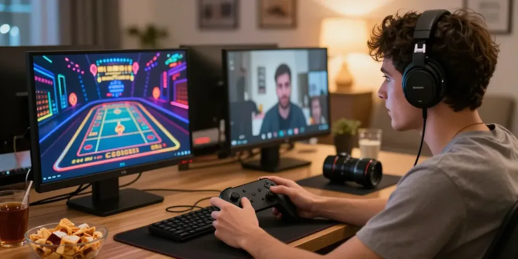 Engaged player using ku88 gaming console in vibrant home setup