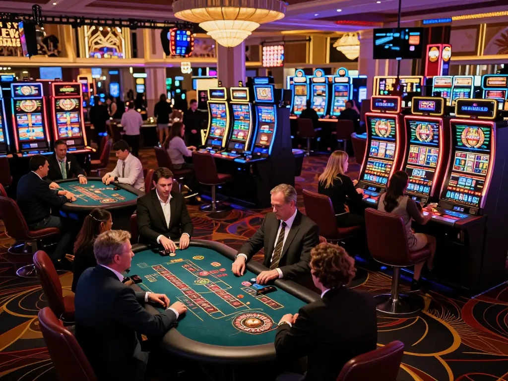 Players enjoy a thrilling night at the Las Vegas casino with tic88 tables highlighted by neon lights.