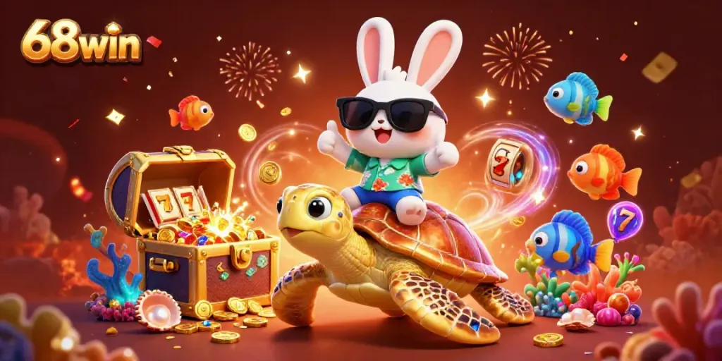 Experience thrilling gambling adventures in a vibrant 68win underwater scene with a lucky rabbit and a majestic sea turtle.