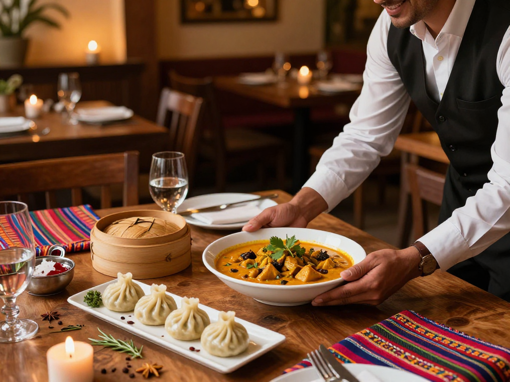 Discover rokok88's premium curry and momo dishes, beautifully presented in an inviting restaurant setting.