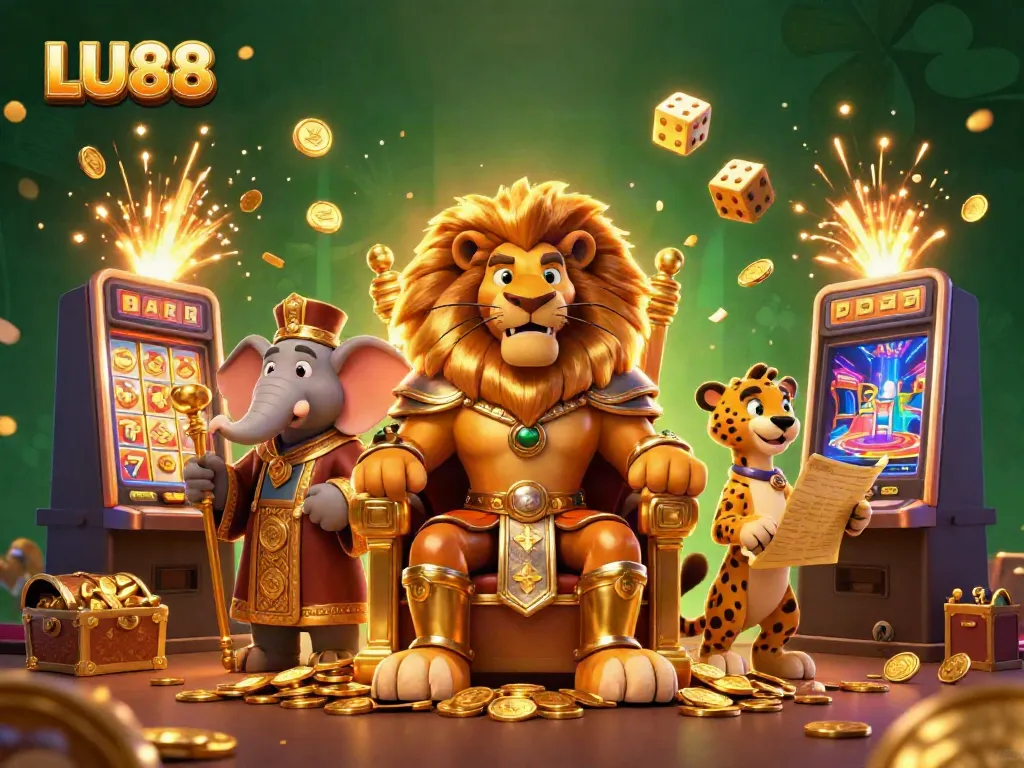 LU88 showcases exhilarating 3D casino action with a lion king, elephant advisor, and cheetah messenger.
