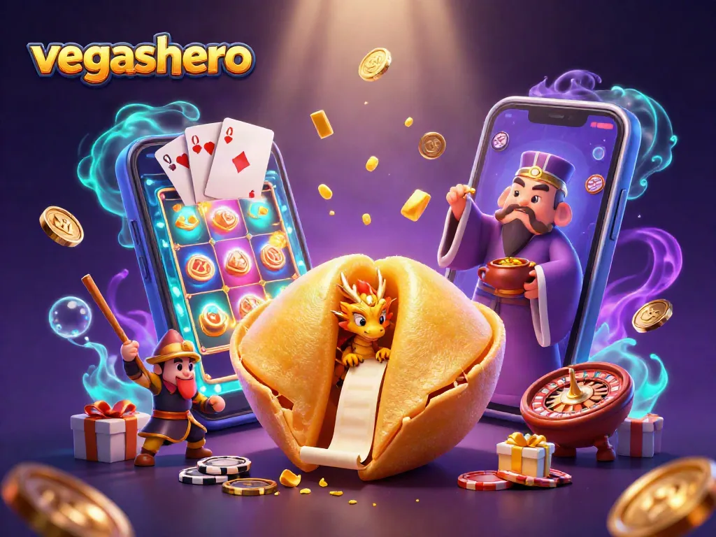 Engage with vegashero casino games in a vibrant 3D illustration featuring a majestic fortune cookie theme.