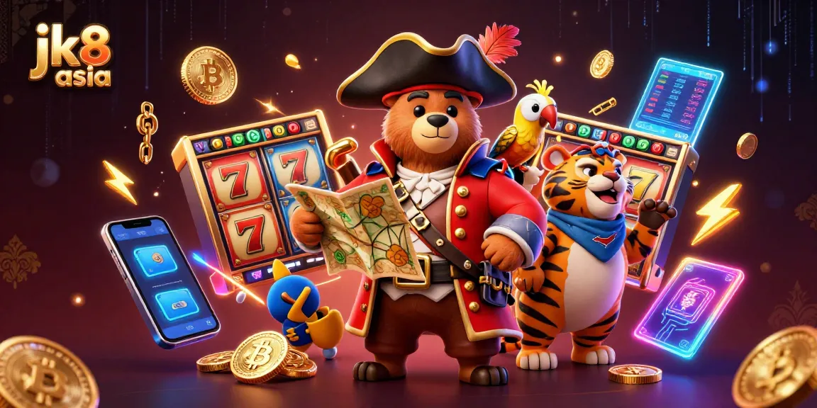 Engage in gaming adventures at JK8 Asia with vibrant visuals of slots and crypto elements.