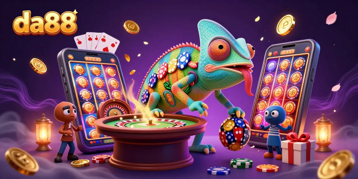 Experience the thrilling world of da88 gaming with vibrant 3D elements and a chameleon character.