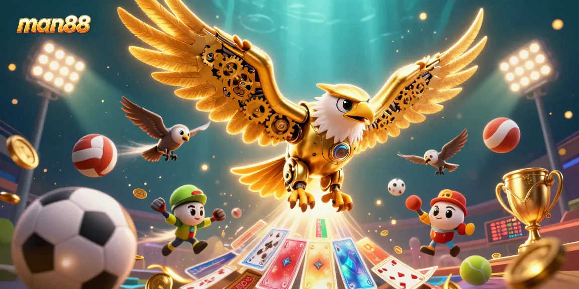 Join man88 in thrilling sports betting action with this vibrant 3D illustration showcasing a golden eagle.