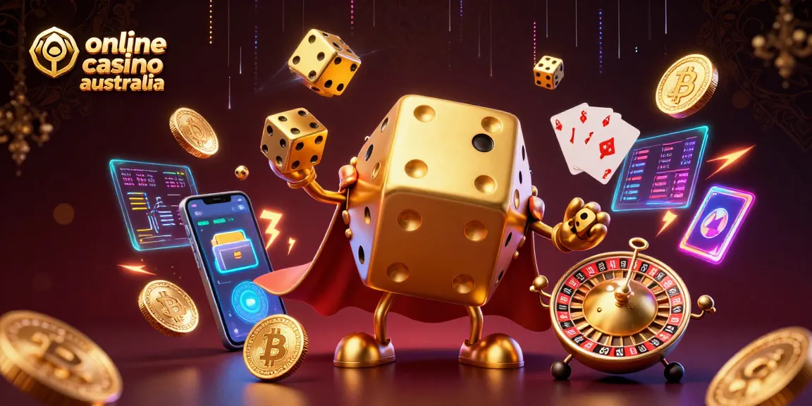 Engaging scene showcasing online casino Australia with a golden dice golem juggling, vibrant elements included.