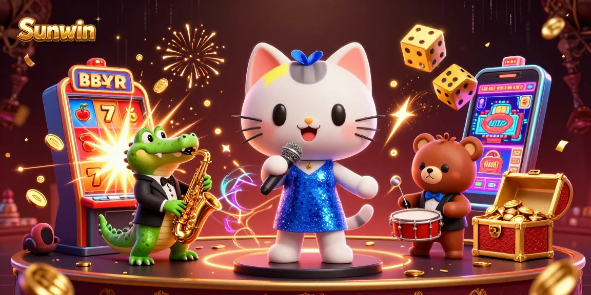 Experience the thrill of Sunwin with vibrant casino action and animated characters in a dazzling environment.