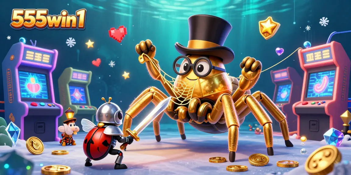 Experience thrilling gameplay with 555win1 as a giant golden tarantula weaves casino fortunes in a fun-filled scene.