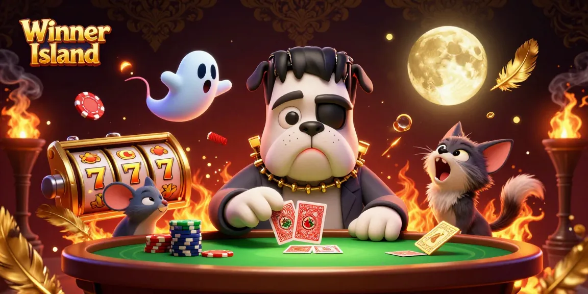 Experience thrilling gaming at Winner Island Casino with a vibrant scene featuring animated characters, slot reels, and gold coins.