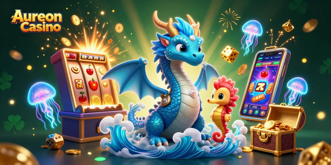 Aureon Casino excitingly showcases vibrant games with a captivating dragon and lively seahorse knight amidst jackpot visuals.