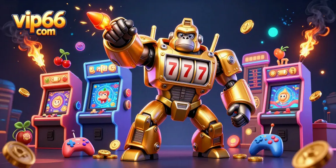 Engage with vip66 com's vibrant gaming world featuring golden gorilla mech and explosive coins.