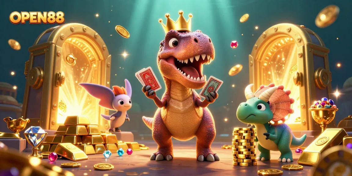 OPEN88 features a T-Rex shuffling cards next to a pterodactyl while winning chips sparkle around them.