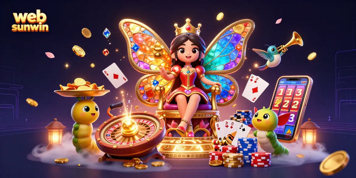 Engage with web sunwin at the vibrant casino realm with the butterfly queen amidst golden coins and jackpot treasures.