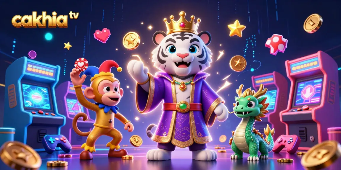 Cakhia TV showcases an exciting illustration featuring a regal white tiger, playful monkey, and jade dragon amidst dynamic casino gaming elements.