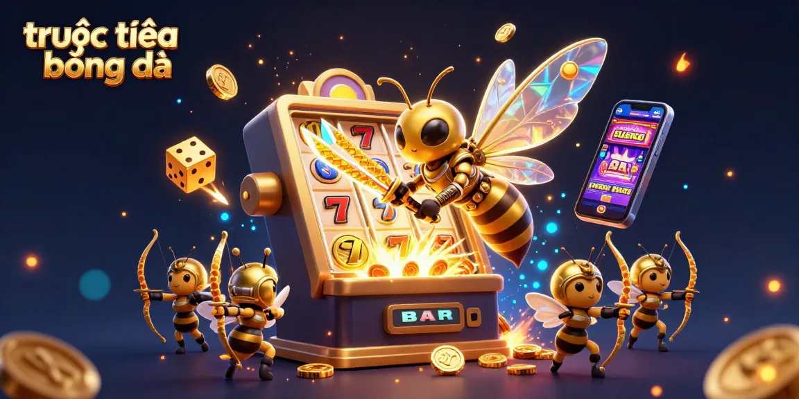 Experience trực tiếp bóng đá with dynamic casino elements, featuring a golden hornet, slot machine, and rolling dice.