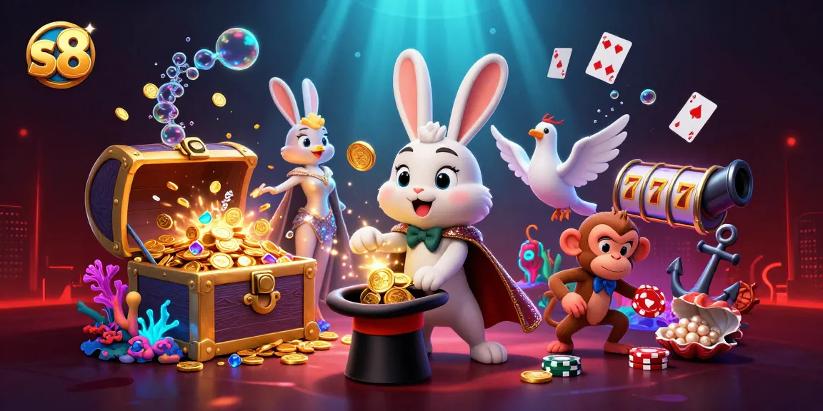 S8 platform showcases a magical scene with a rabbit pulling coins, highlighting the excitement of online gaming.