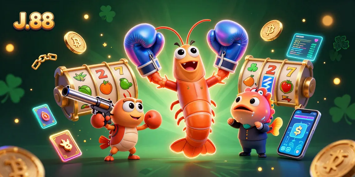 Experience the thrill of gaming at J.88 with vibrant visuals of slot machines and glowing cryptocurrency elements