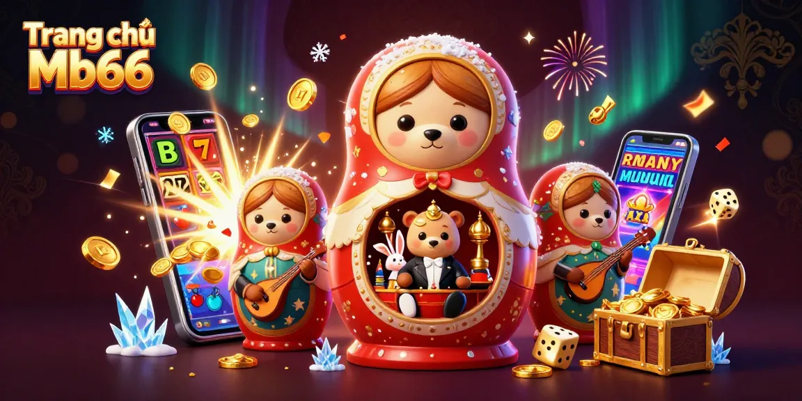 Engage with Trang chủ Mb66 featuring a 3D illustration of a Matryoshka bear surrounded by vibrant casino elements.