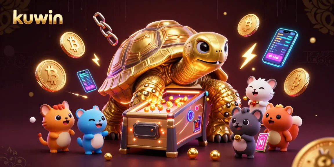 Kuwin showcases an exciting golden tortoise pinball machine with small animals waiting to play amidst vibrant cryptocurrency elements.